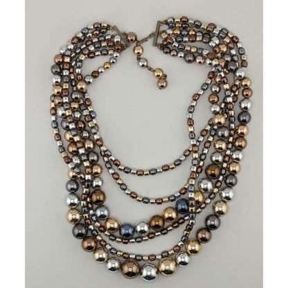 Vintage Glam Multi-Strand Metallic Beaded Necklace With Hook Clasp