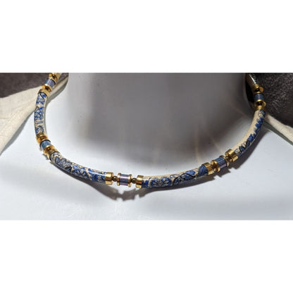 Vintage Japanese Blue Floral Curved Ceramic Necklace