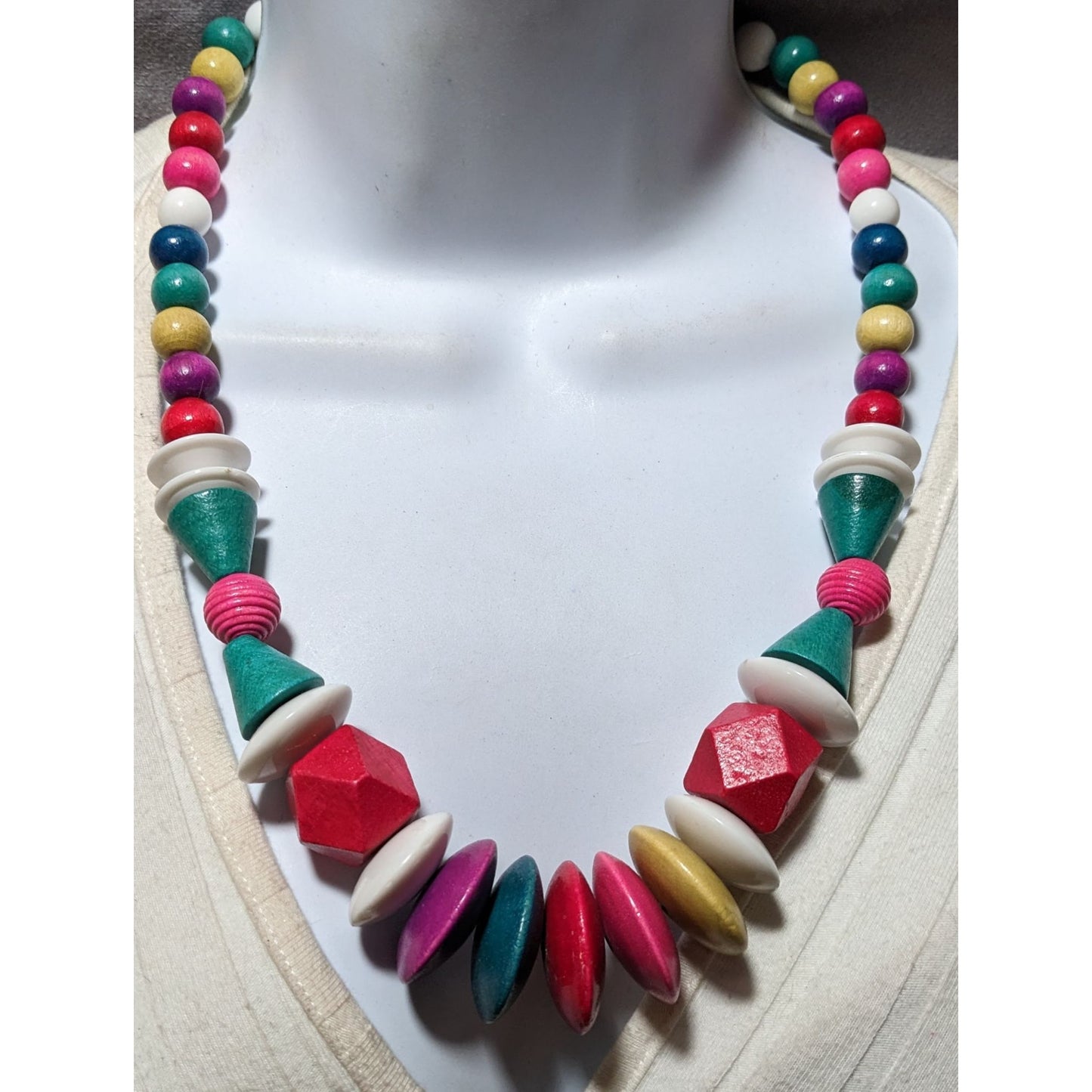 Vintage Rainbow Wood Beaded Statement Necklace