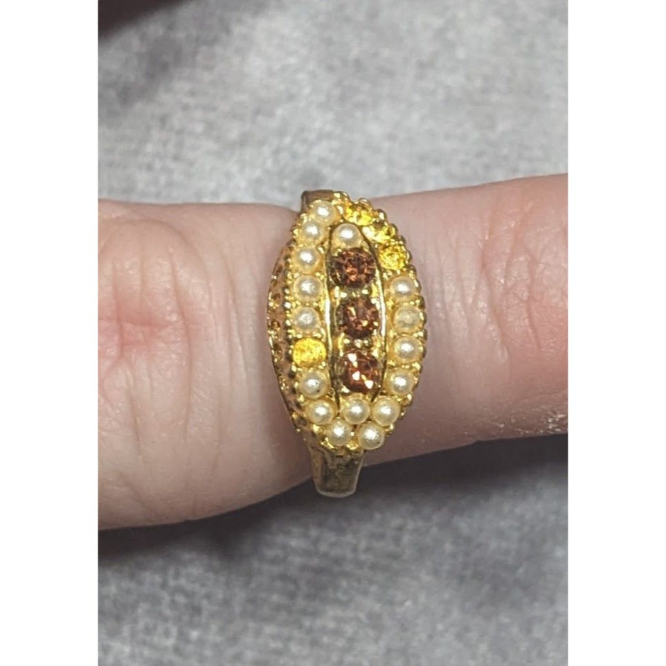 Vintage Gemmed Seed Pearl Gold Tone Adjustable Ring Size 5 1/2