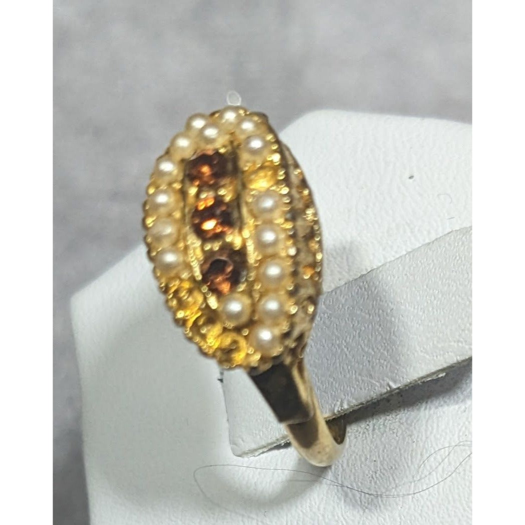 Vintage Gemmed Seed Pearl Gold Tone Adjustable Ring Size 5 1/2