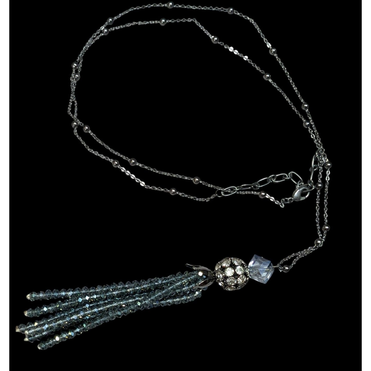 Sparkly Glam Crystal Glass Silver Tone Tassel Necklace