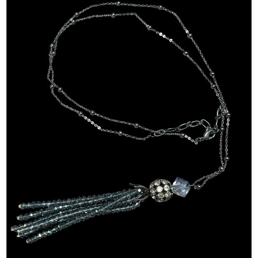Sparkly Glam Crystal Glass Silver Tone Tassel Necklace