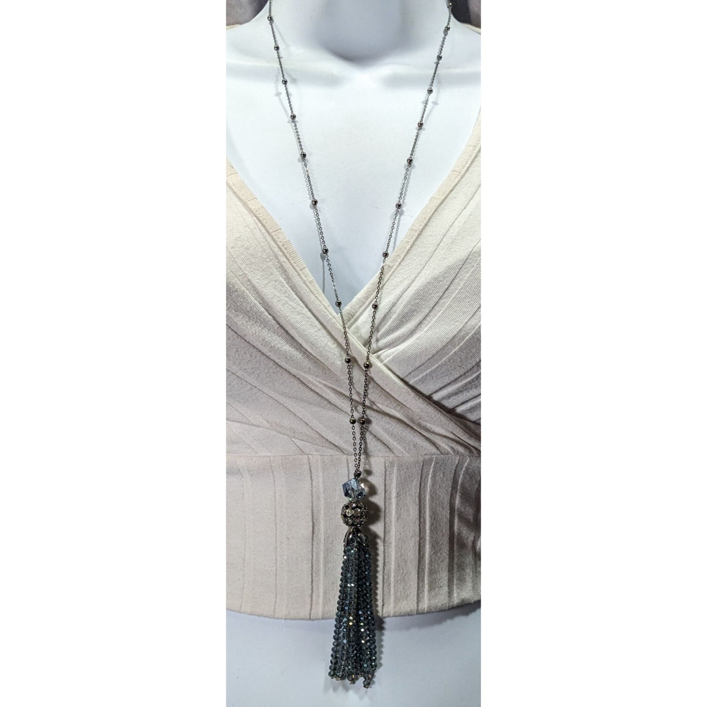 Sparkly Glam Crystal Glass Silver Tone Tassel Necklace