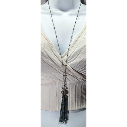 Sparkly Glam Crystal Glass Silver Tone Tassel Necklace