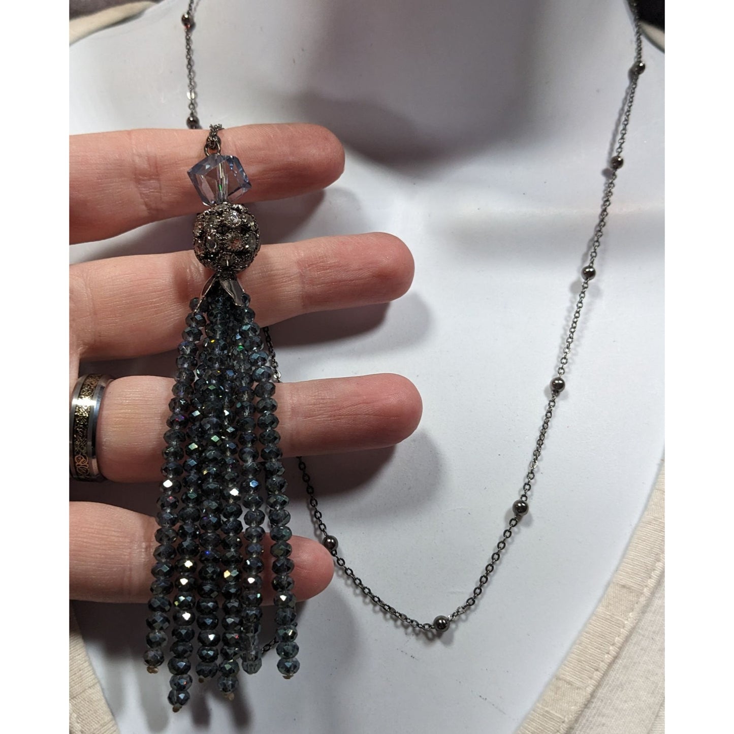 Sparkly Glam Crystal Glass Silver Tone Tassel Necklace