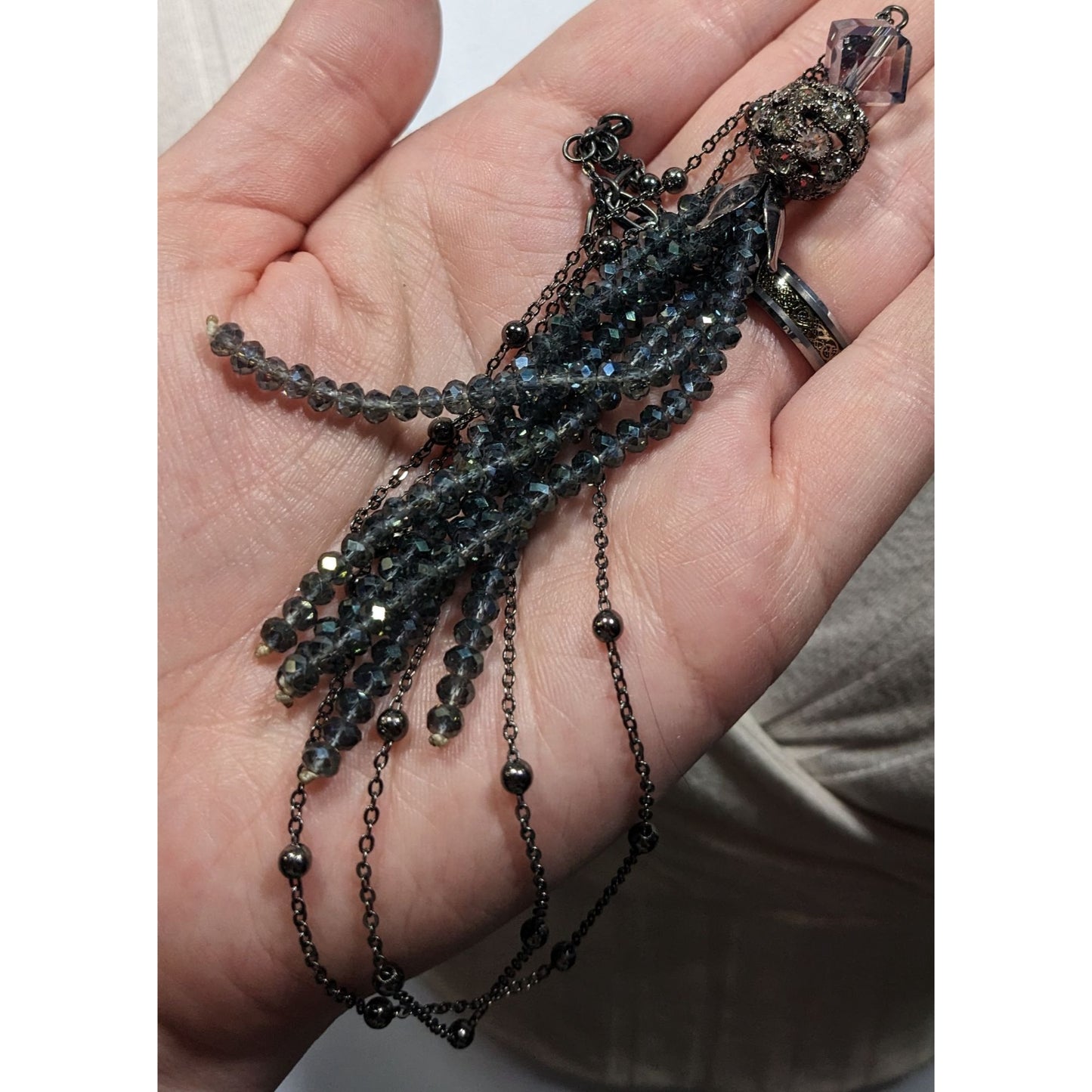 Sparkly Glam Crystal Glass Silver Tone Tassel Necklace