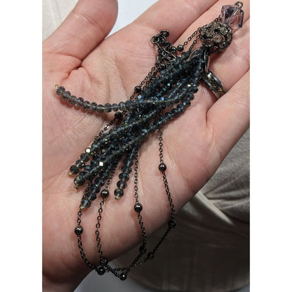 Sparkly Glam Crystal Glass Silver Tone Tassel Necklace