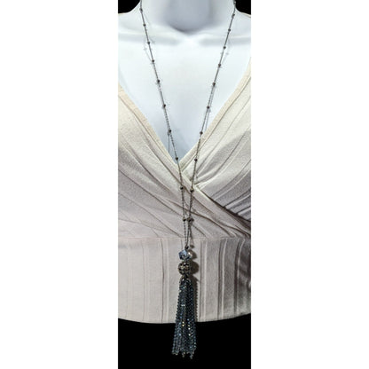 Sparkly Glam Crystal Glass Silver Tone Tassel Necklace