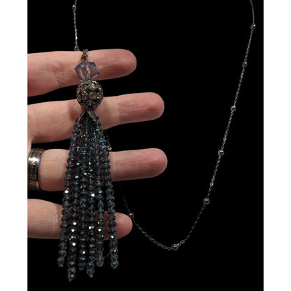 Sparkly Glam Crystal Glass Silver Tone Tassel Necklace