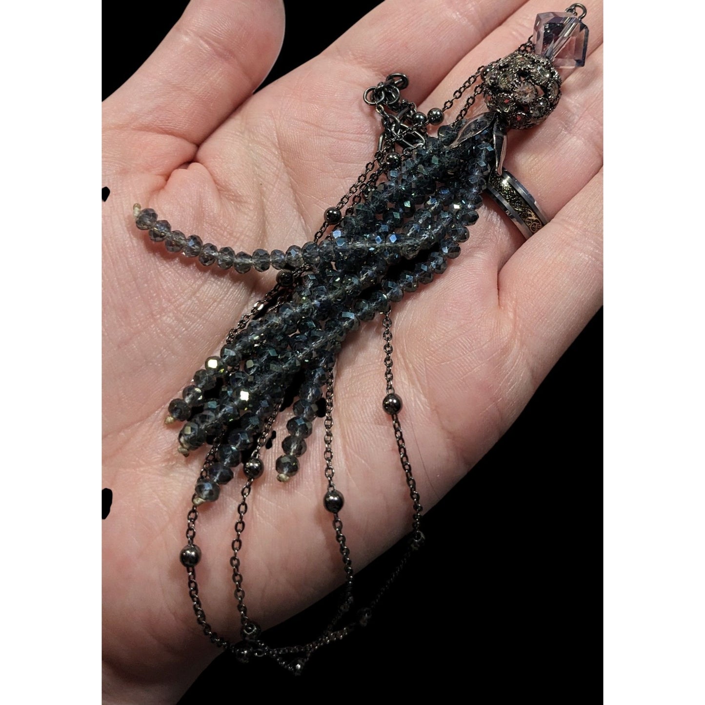 Sparkly Glam Crystal Glass Silver Tone Tassel Necklace