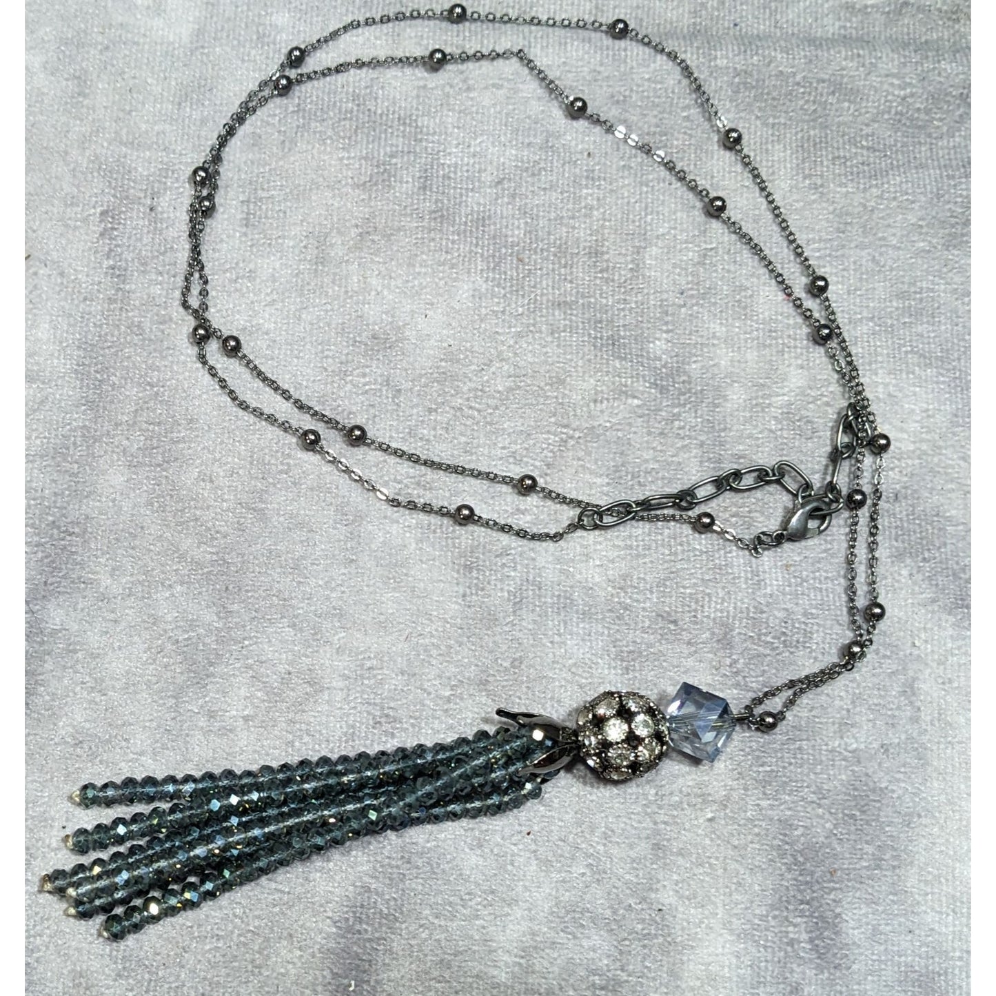 Sparkly Glam Crystal Glass Silver Tone Tassel Necklace