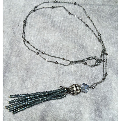 Sparkly Glam Crystal Glass Silver Tone Tassel Necklace