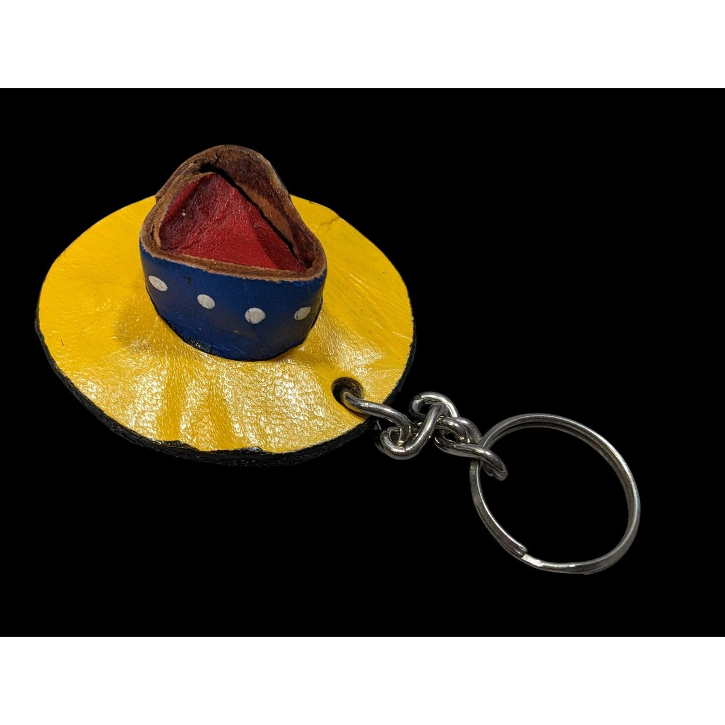 Vintage Handmade Leather Sombrero Keychain With Yellow & Blue Design