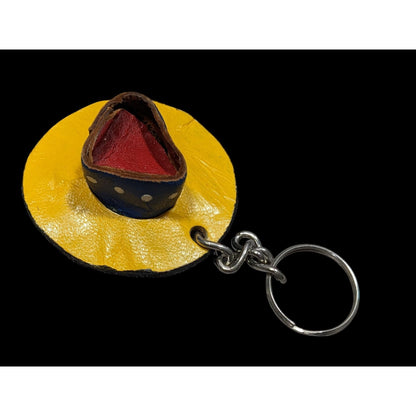 Vintage Handmade Leather Sombrero Keychain With Yellow & Blue Design