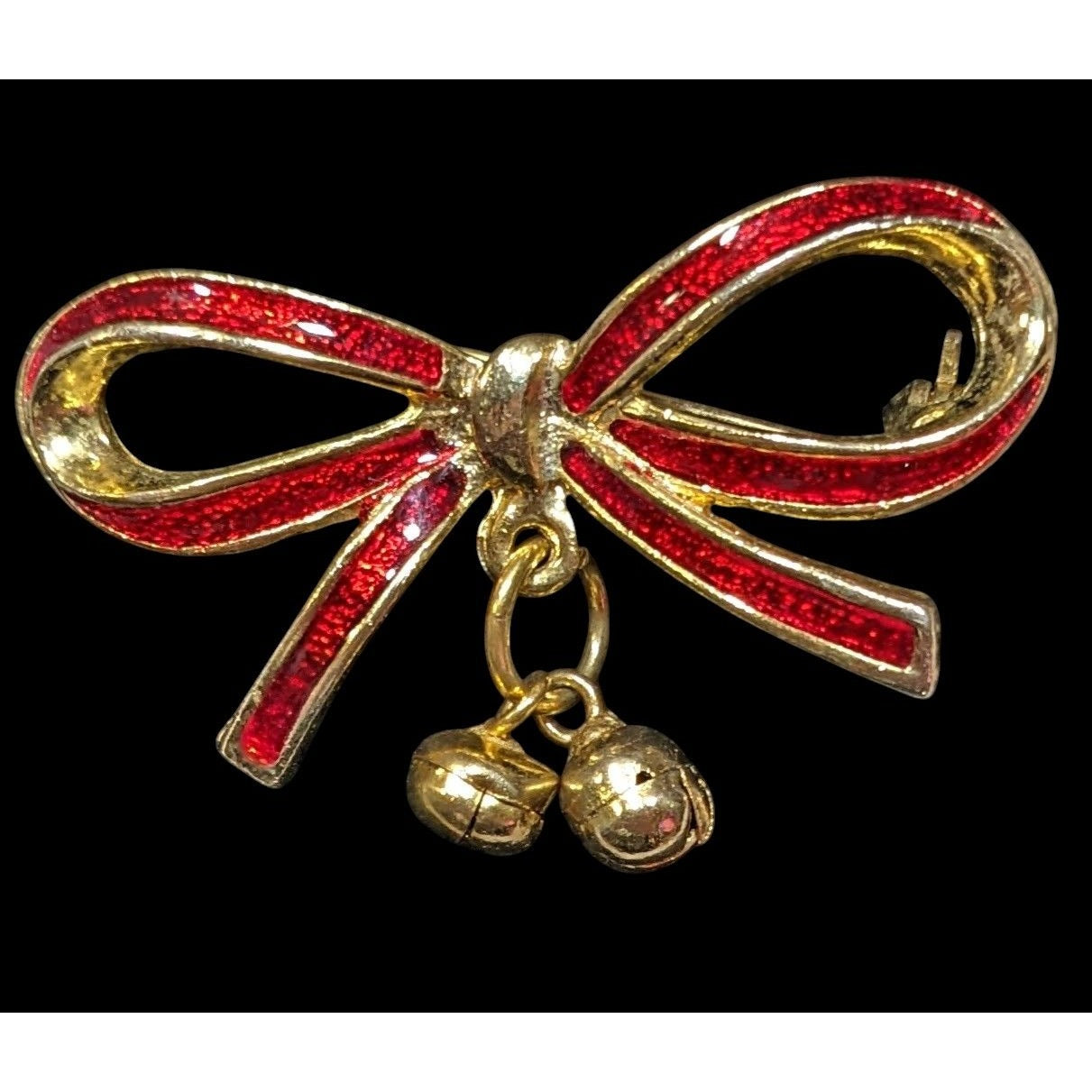 Vintage Holiday Bow Brooch Red Enamel On Gold Tone Metal With Bell Accents