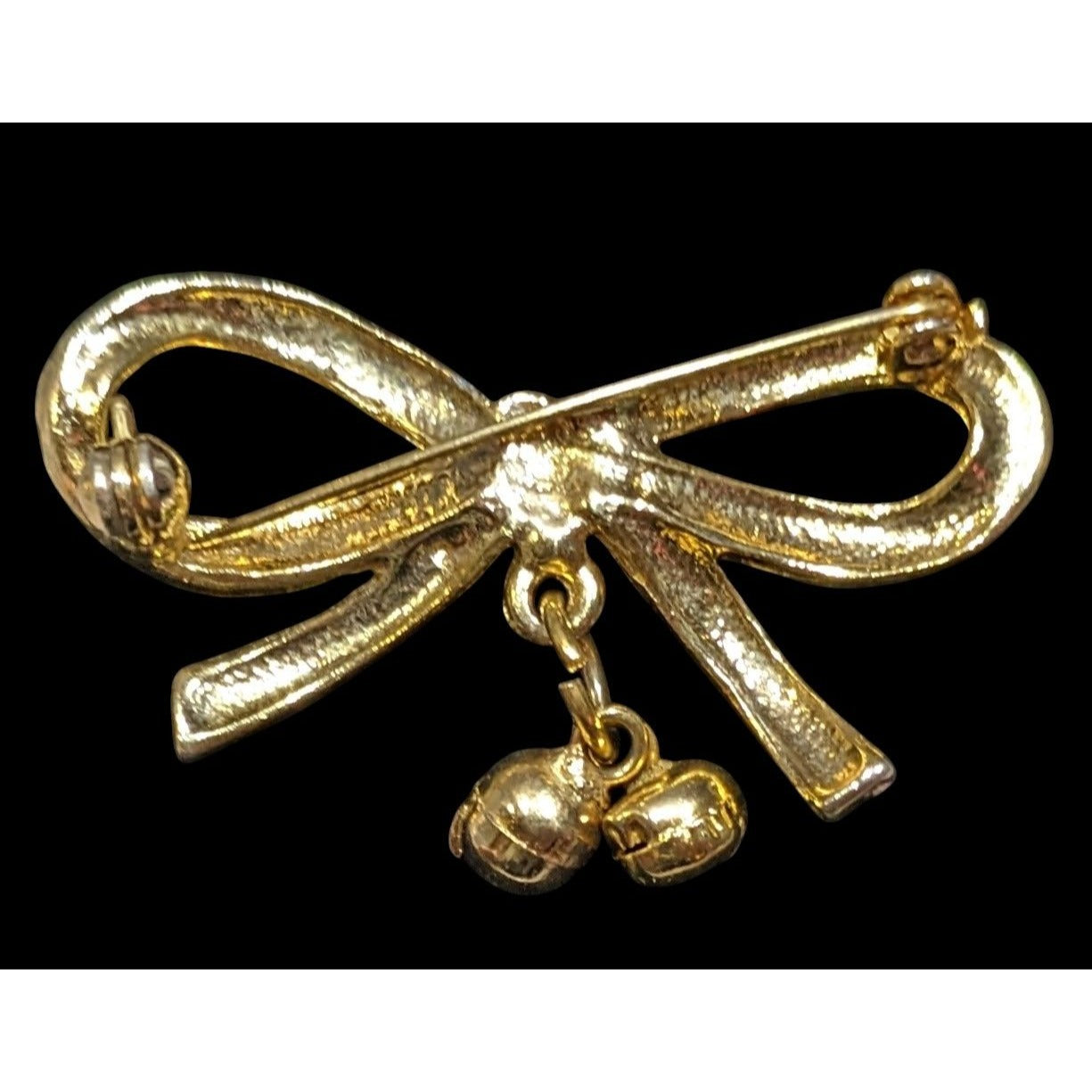 Vintage Holiday Bow Brooch Red Enamel On Gold Tone Metal With Bell Accents