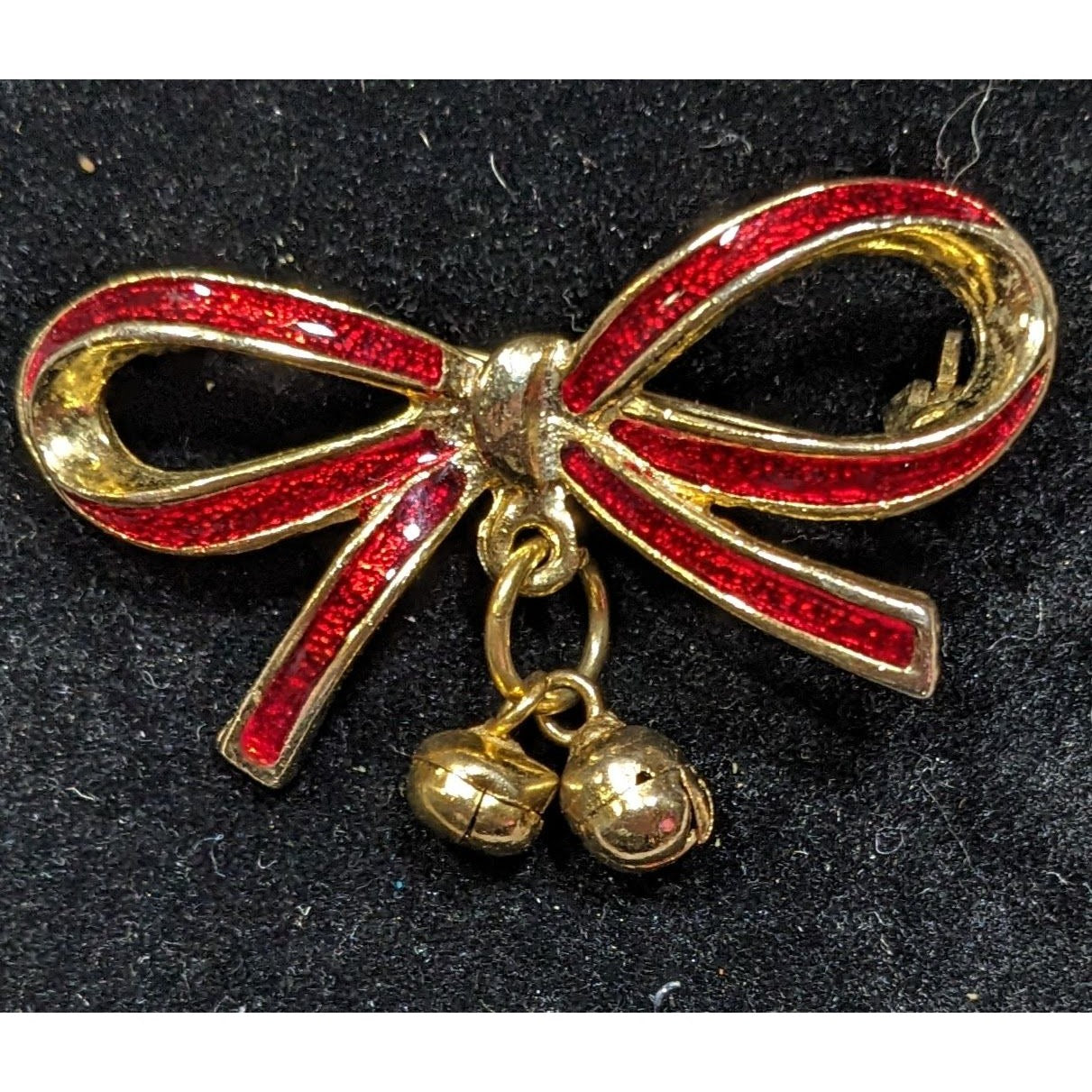 Vintage Holiday Bow Brooch Red Enamel On Gold Tone Metal With Bell Accents