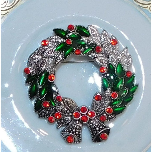 Vintage Kenneth Cole Wreath Brooch With Red Rhinestones