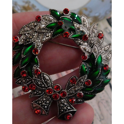 Vintage Kenneth Cole Wreath Brooch With Red Rhinestones
