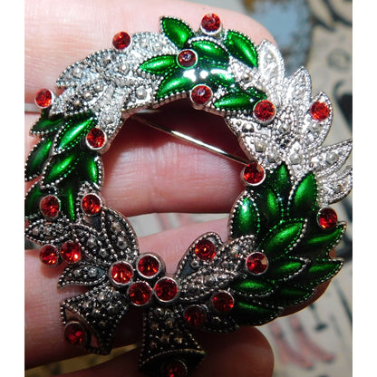 Vintage Kenneth Cole Wreath Brooch With Red Rhinestones