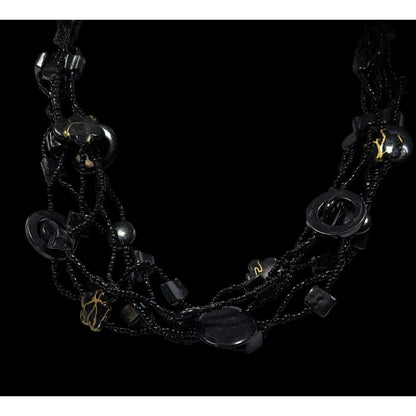 Multistrand Black Beaded Artisan Necklace With Geometric Stone Accents