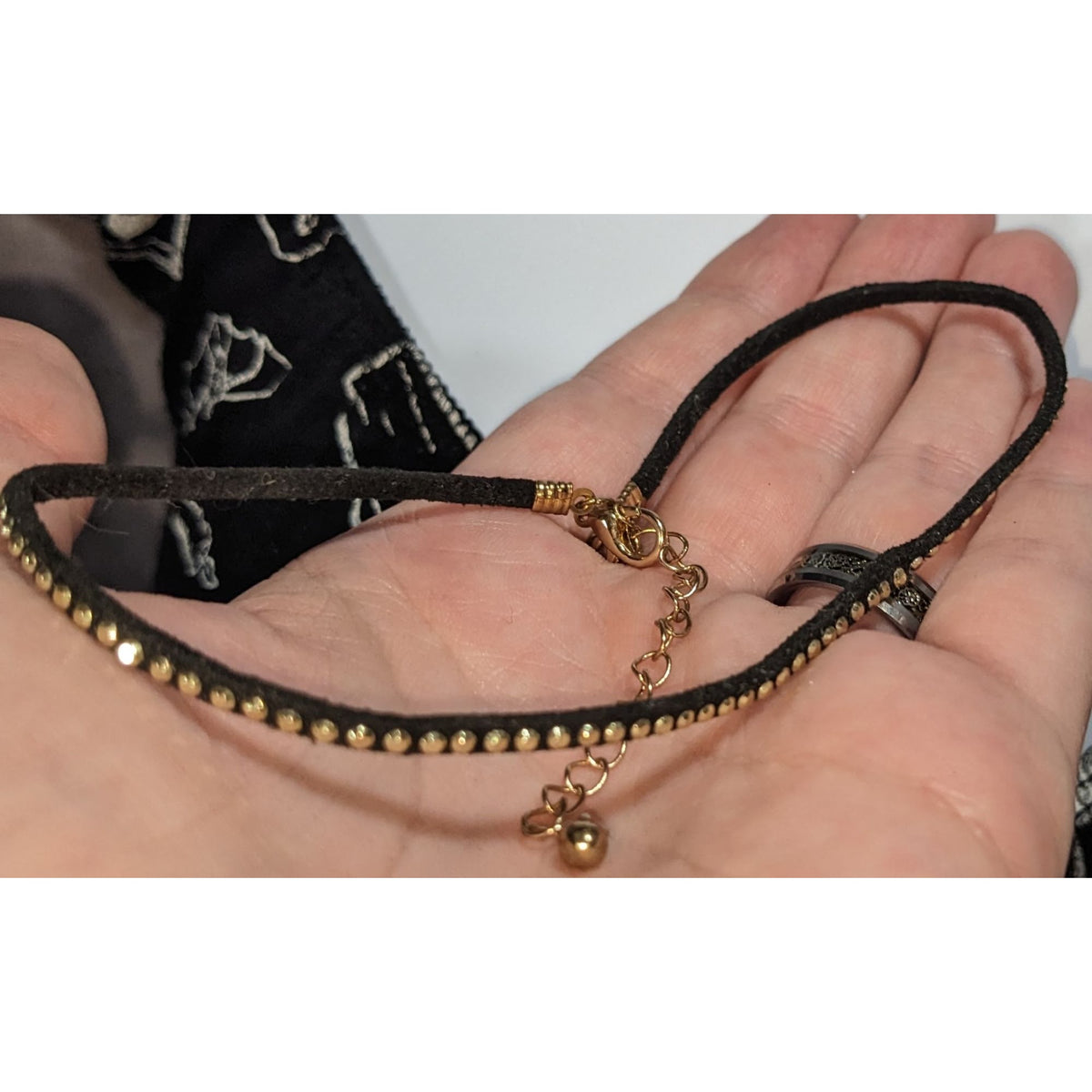 Gothic Minimalist Faux Suede Black Gold Tone Stud Choker 12 Inch