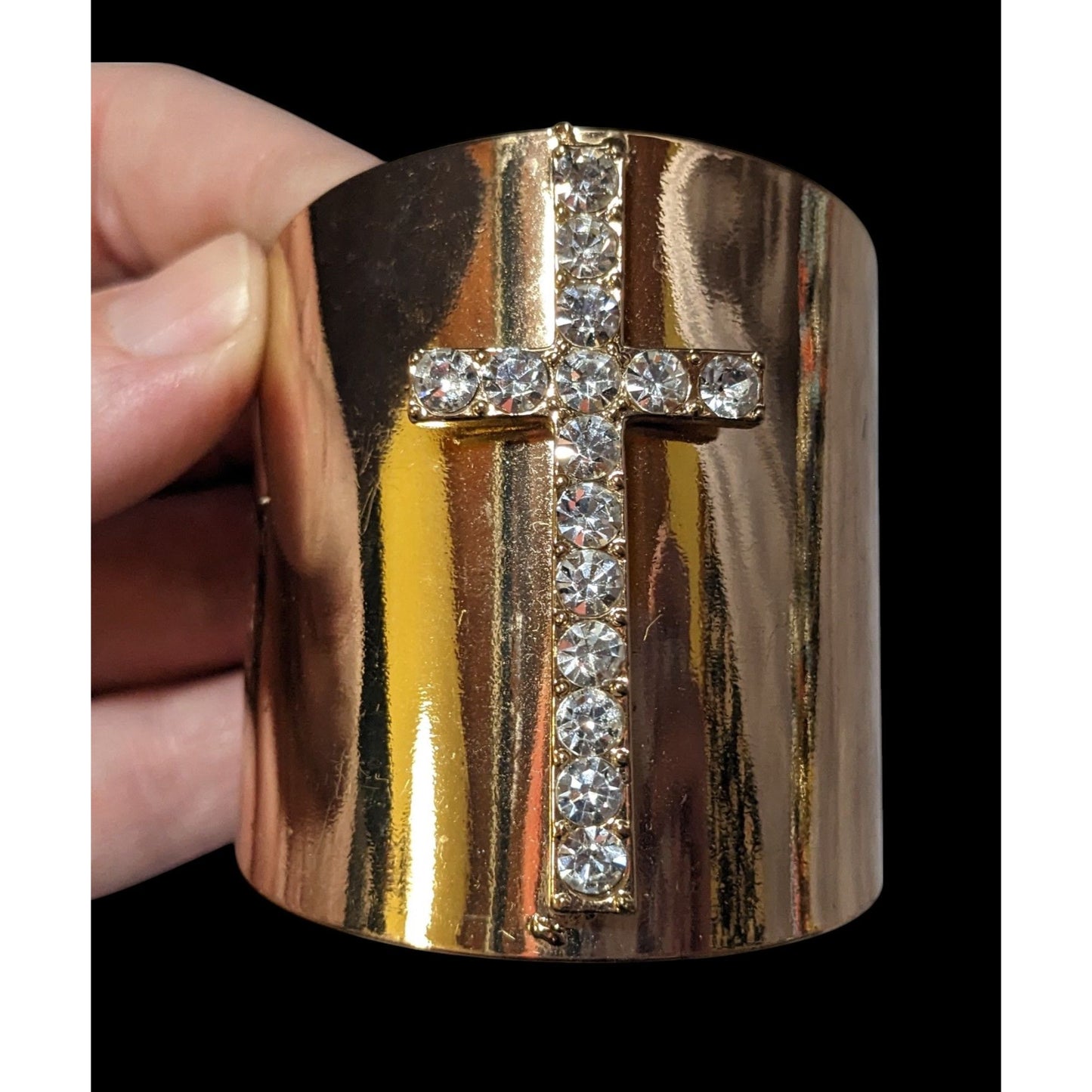 Religious Glam Gold Tone Rhinestone Cross Cuff Bracelet