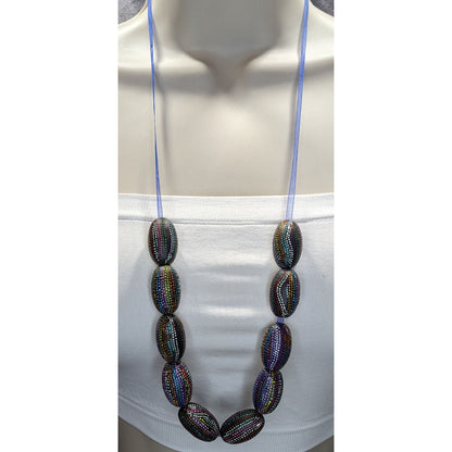 Handmade Nature Themed Necklace With Rainbow Painted Seeds & Blue Ribbon