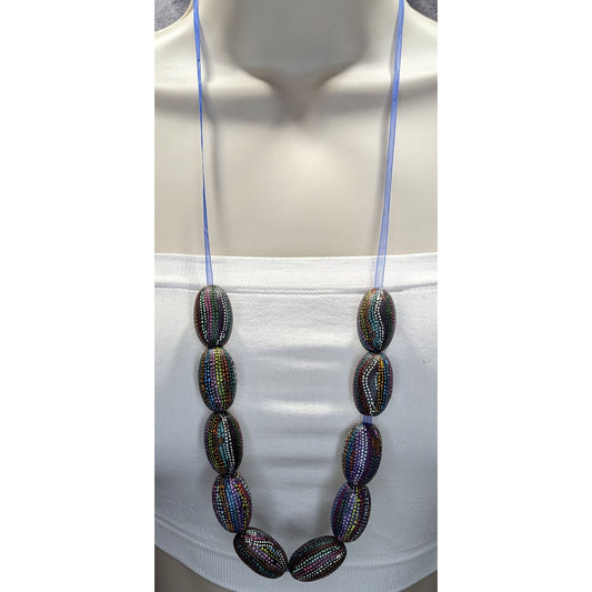 Handmade Nature Themed Necklace With Rainbow Painted Seeds & Blue Ribbon