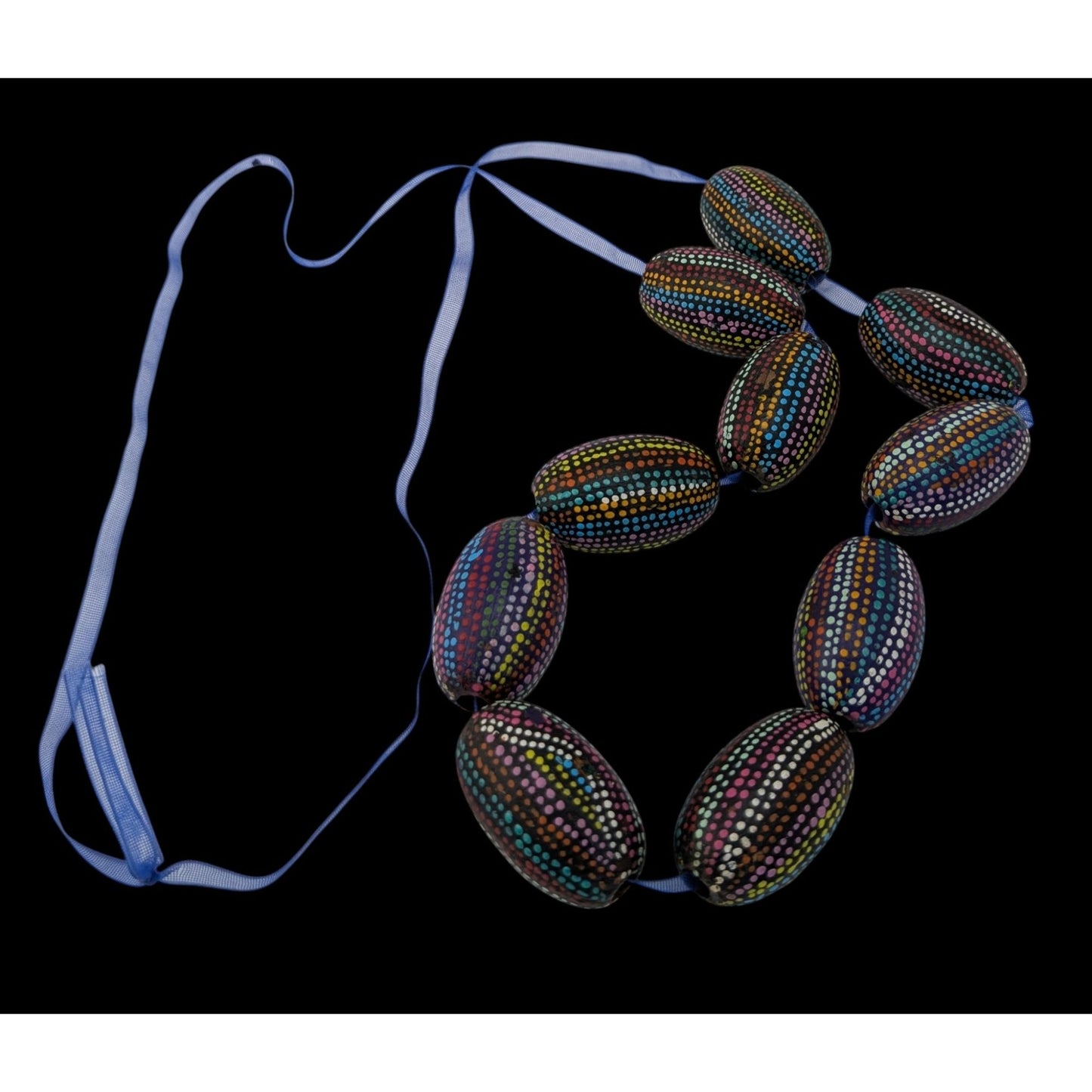 Handmade Nature Themed Necklace With Rainbow Painted Seeds & Blue Ribbon