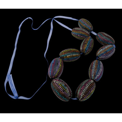 Handmade Nature Themed Necklace With Rainbow Painted Seeds & Blue Ribbon