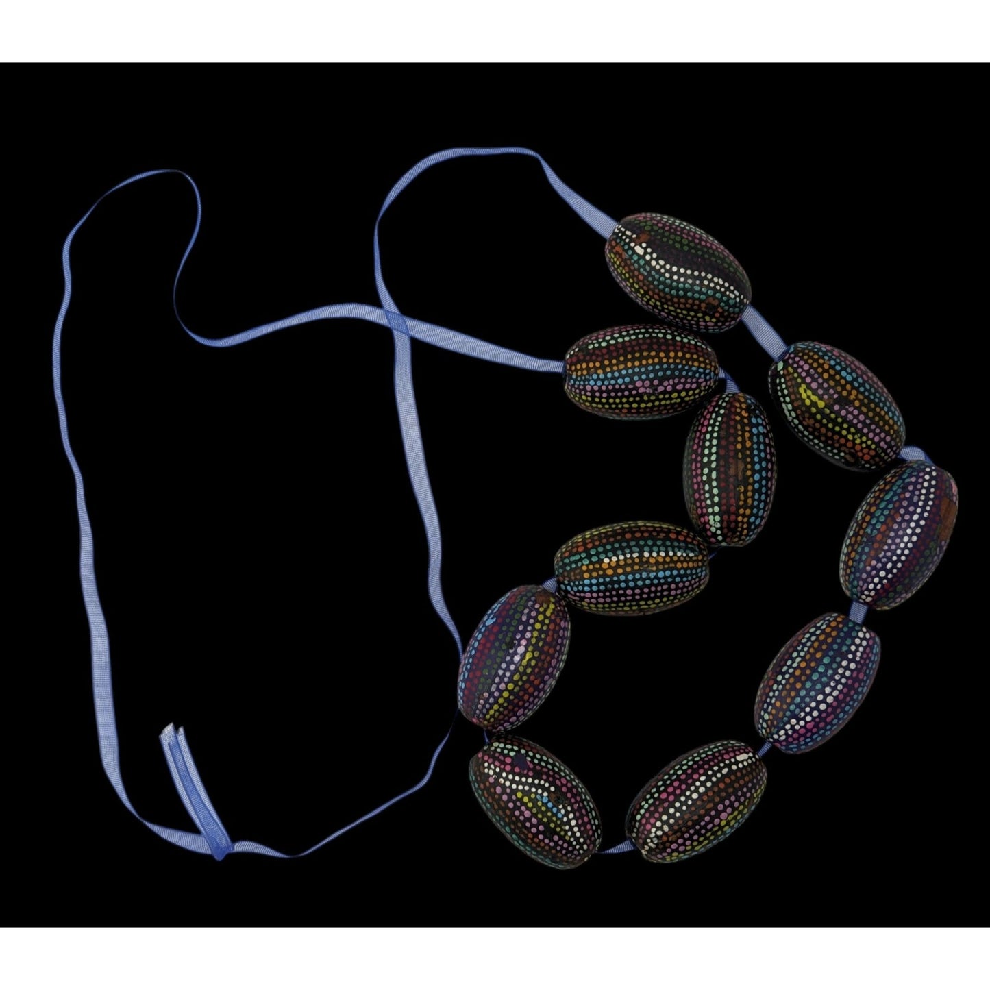 Handmade Nature Themed Necklace With Rainbow Painted Seeds & Blue Ribbon