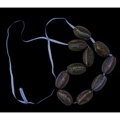 Handmade Nature Themed Necklace With Rainbow Painted Seeds & Blue Ribbon