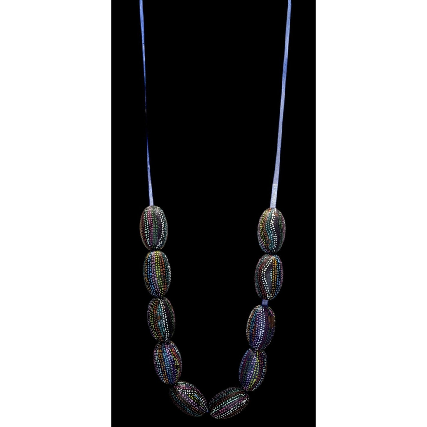 Handmade Nature Themed Necklace With Rainbow Painted Seeds & Blue Ribbon