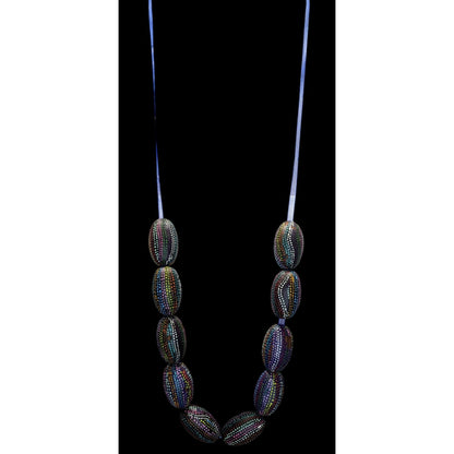Handmade Nature Themed Necklace With Rainbow Painted Seeds & Blue Ribbon