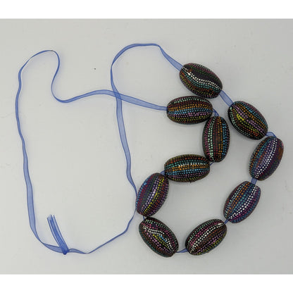 Handmade Nature Themed Necklace With Rainbow Painted Seeds & Blue Ribbon