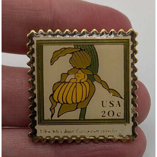 Vintage 1984 USPS Yellow Ladys Slipper 20¢ Stamp Lapel Pin By JG&A