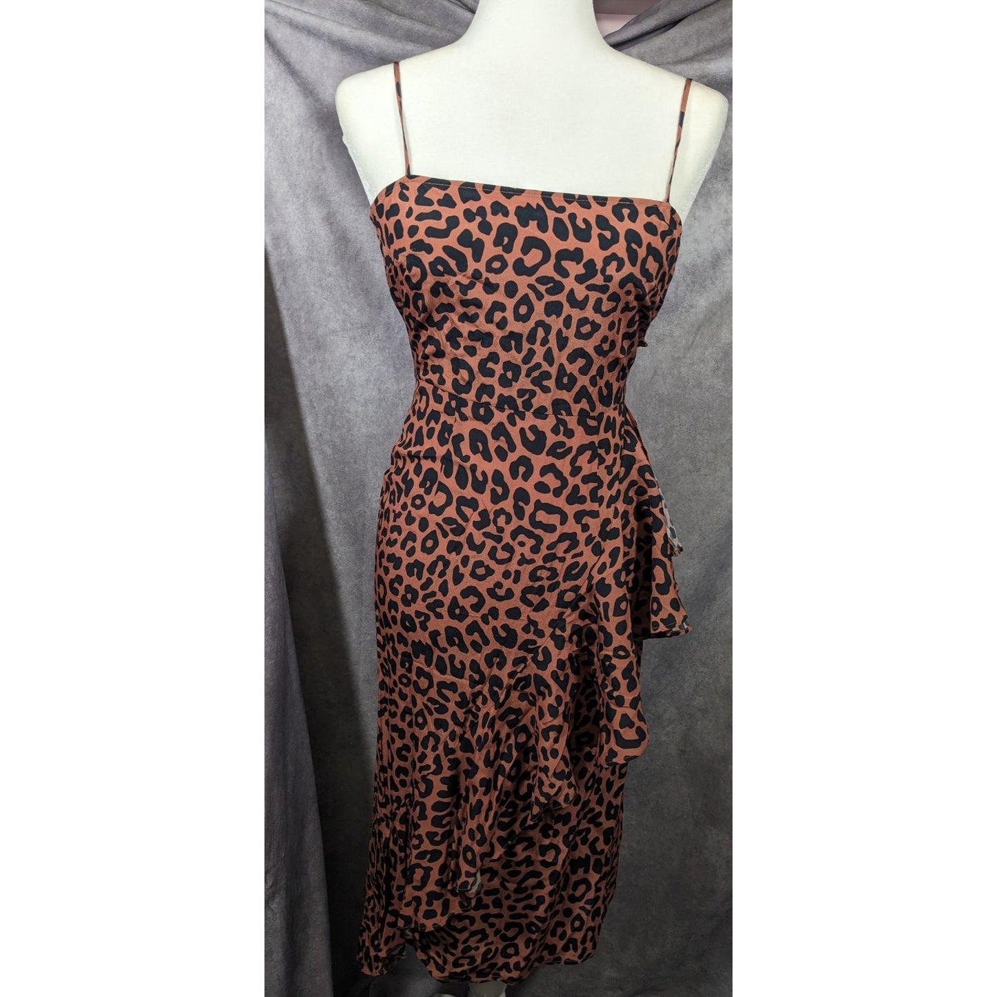 Lovers + Friends Ellie Midi Leopard Print Spaghetti Strap Ruffle Dress Size XS