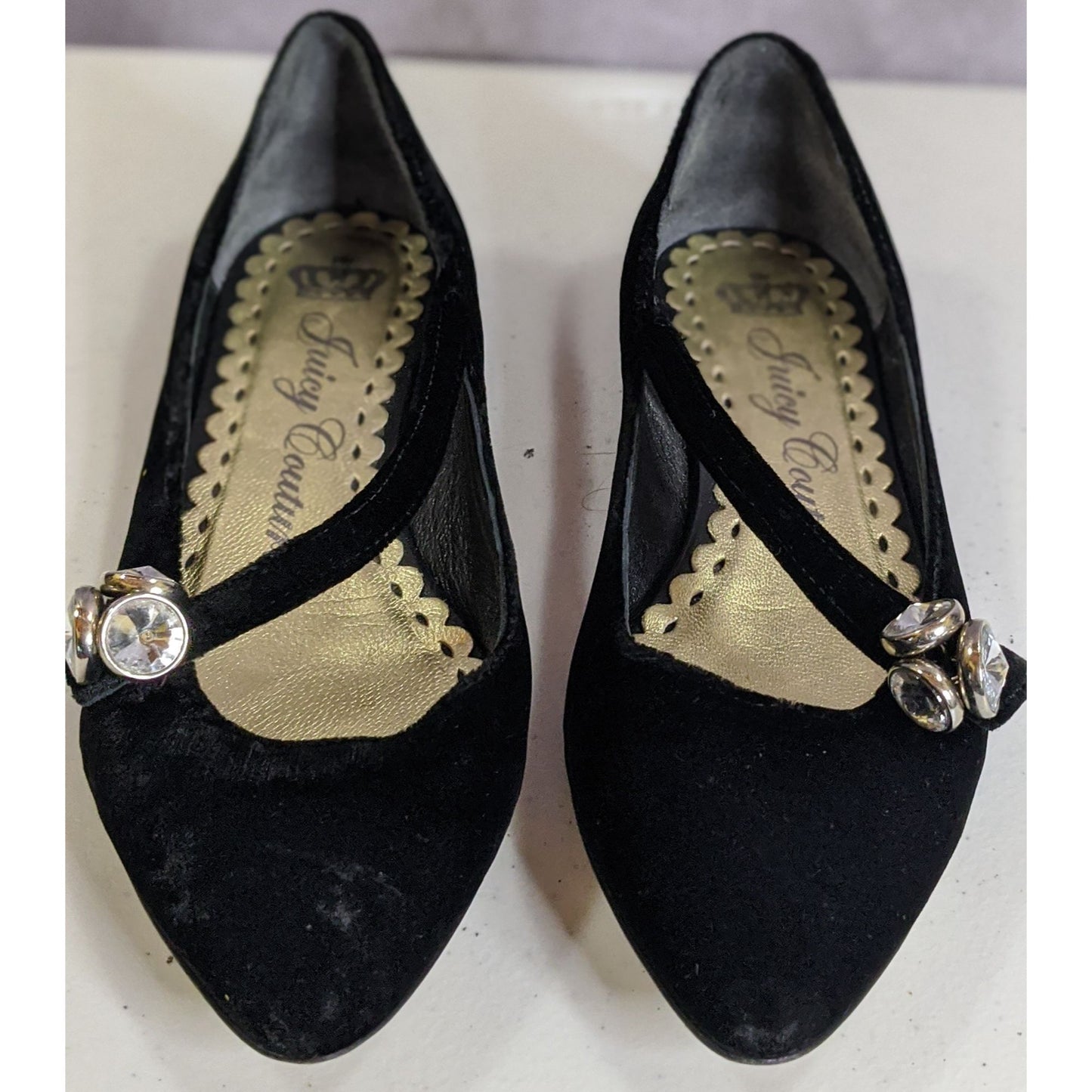 Juicy Couture Black Velvet Rhinestone Embellished Flats Size 6.5 Made In Italy