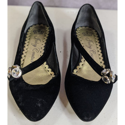 Juicy Couture Black Velvet Rhinestone Embellished Flats Size 6.5 Made In Italy
