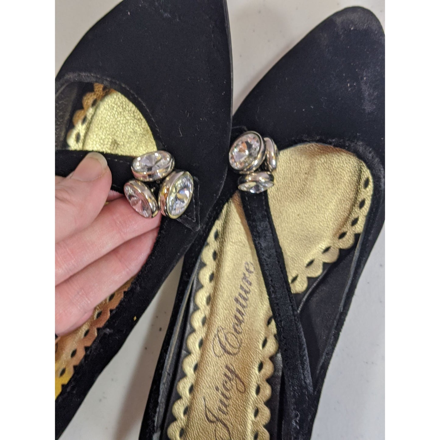 Juicy Couture Black Velvet Rhinestone Embellished Flats Size 6.5 Made In Italy