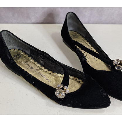 Juicy Couture Black Velvet Rhinestone Embellished Flats Size 6.5 Made In Italy