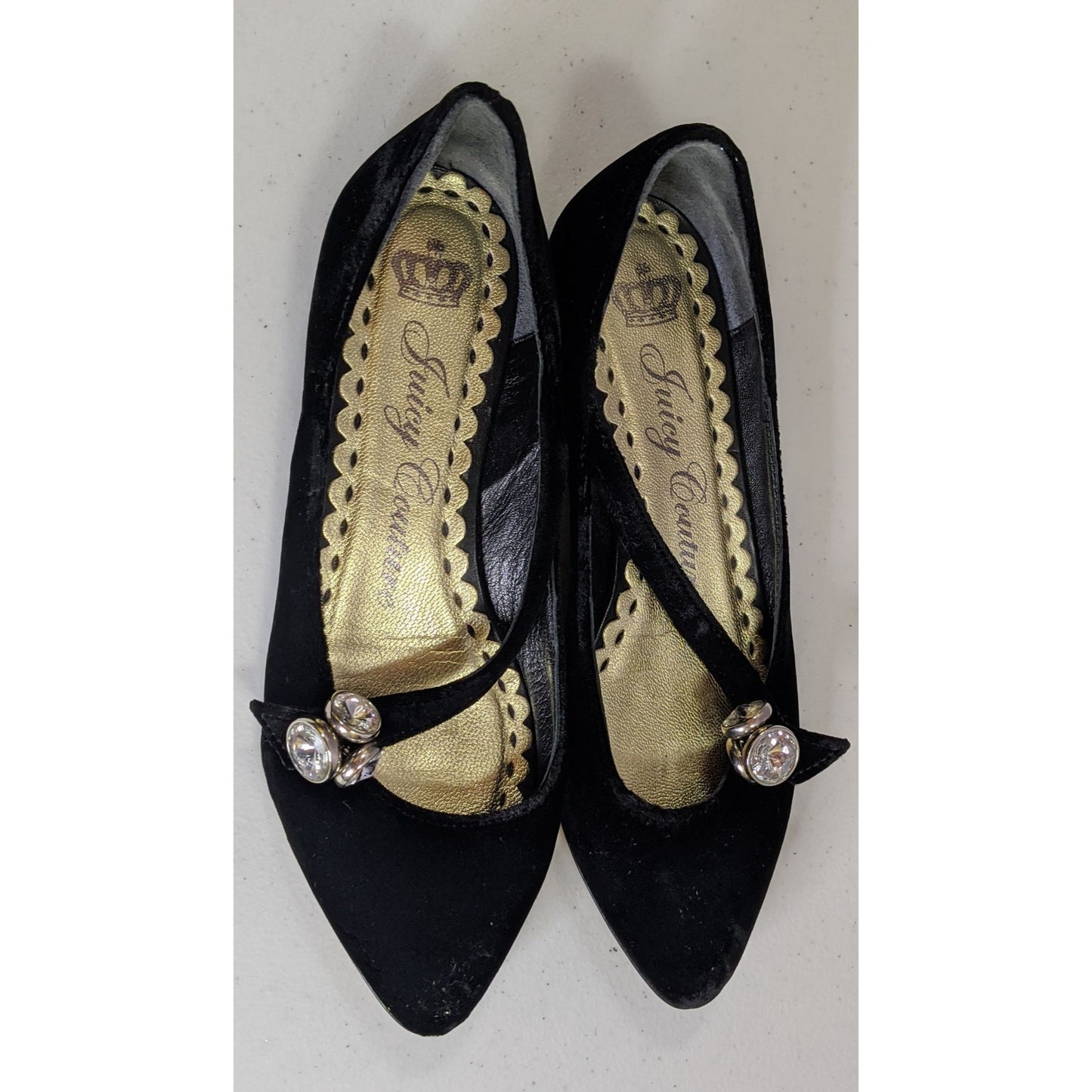 Juicy Couture Black Velvet Rhinestone Embellished Flats Size 6.5 Made In Italy