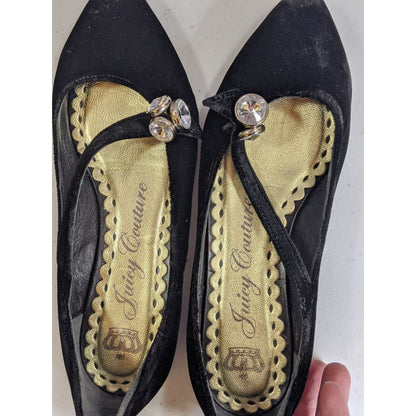 Juicy Couture Black Velvet Rhinestone Embellished Flats Size 6.5 Made In Italy