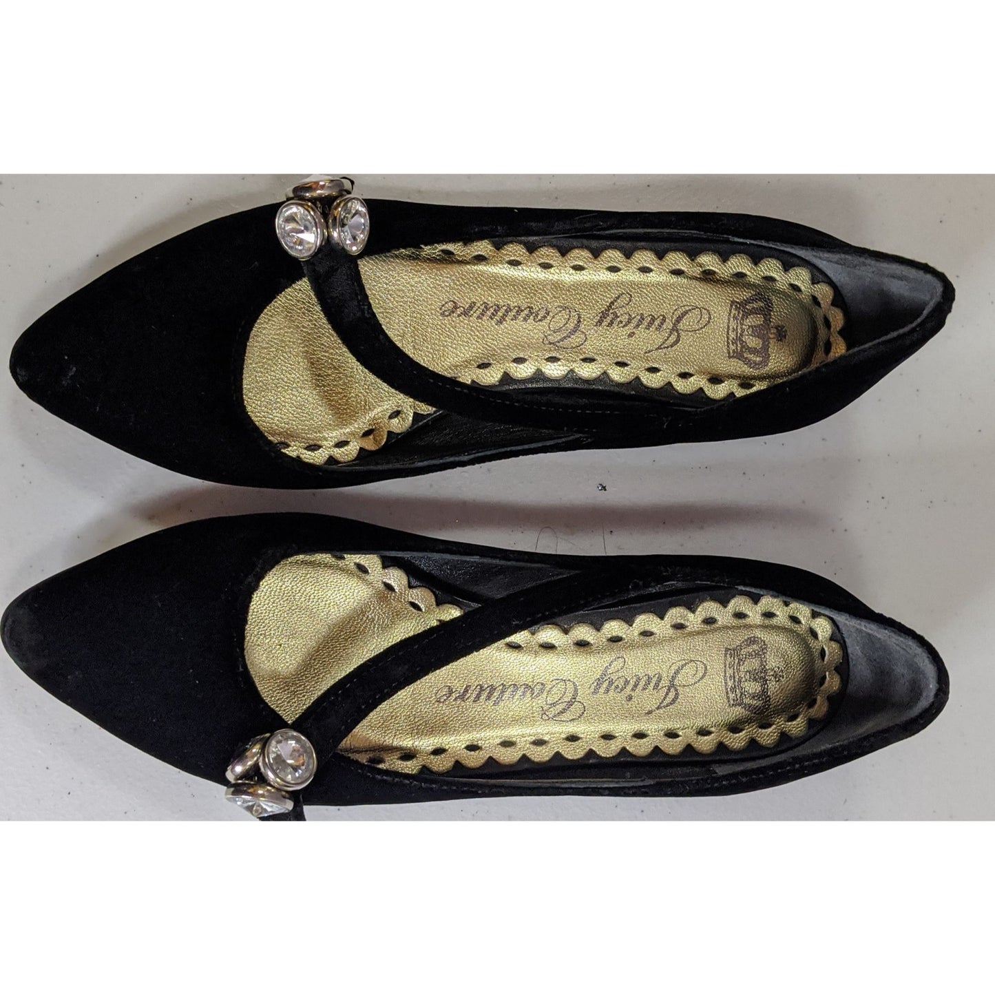 Juicy Couture Black Velvet Rhinestone Embellished Flats Size 6.5 Made In Italy