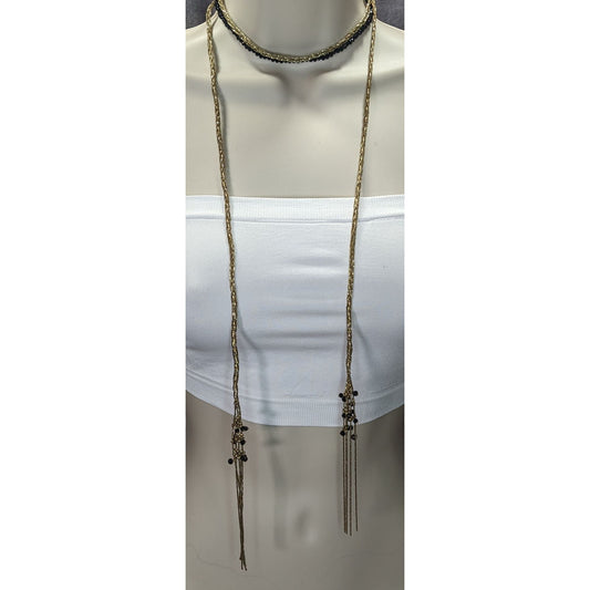 Elegant Glam Gold Tone And Black Long Tassel Necklace With Braided Chains & Beads