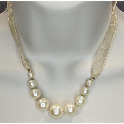 Vintage Avon Ribbon Necklace Faux Pearls Cream Gold Coquette
