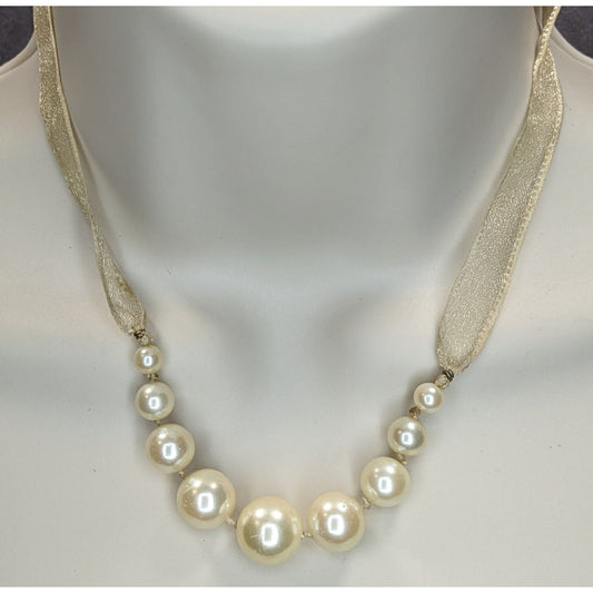 Vintage Avon Ribbon Necklace Faux Pearls Cream Gold Coquette