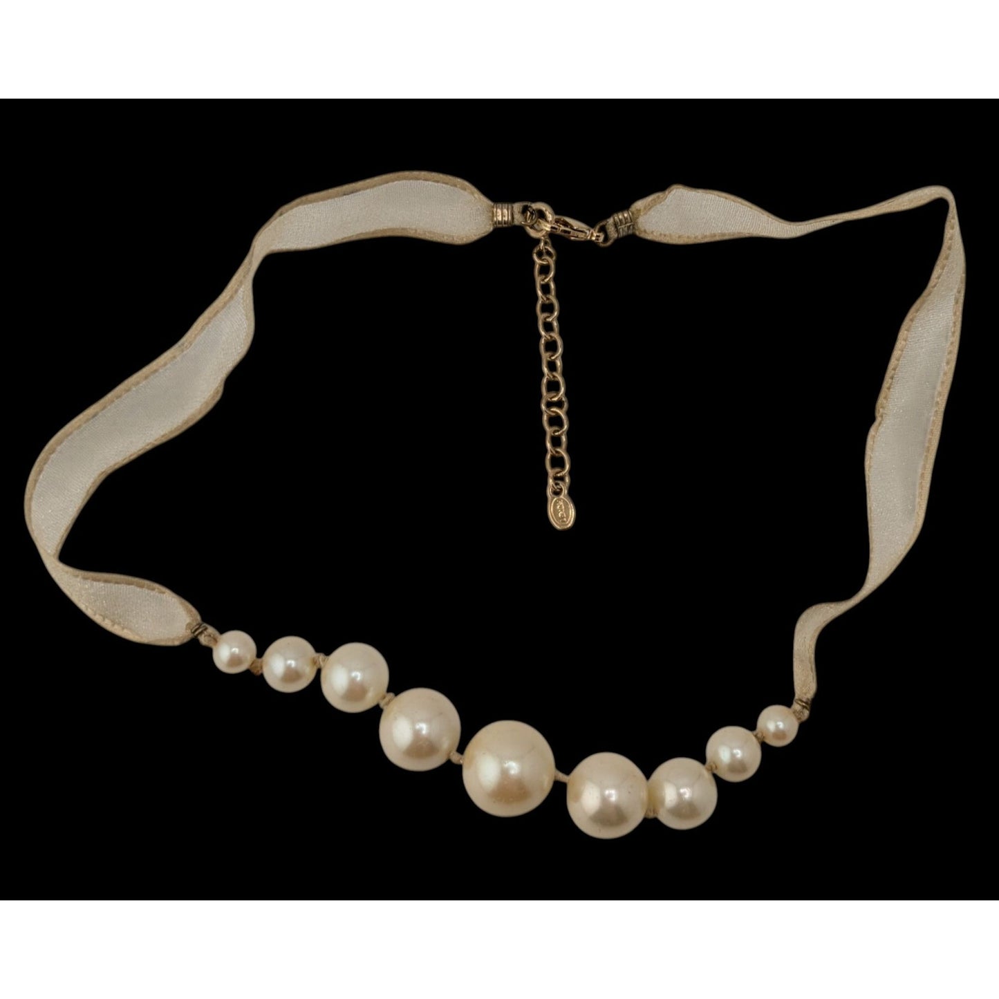 Vintage Avon Ribbon Necklace Faux Pearls Cream Gold Coquette
